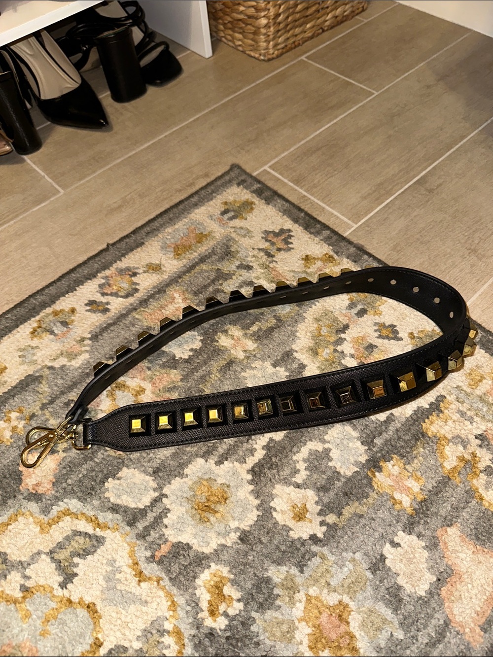 Black Leather Shoulder Strap with Gold Studs